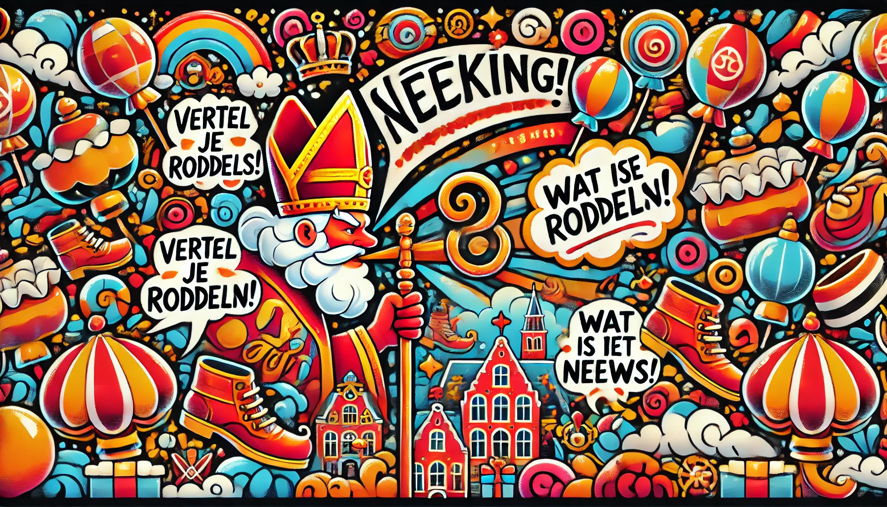 DALL·E 2024-11-26 16.57.46 - A vibrant and playful banner design in the theme of Sinterklaas, combined with a 'Seeking Gossip' motif. The banner features colorful elements like Si.webp